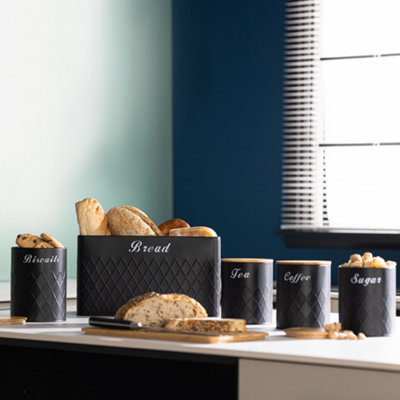 LIVIVO 5pc Taurus Kitchen Set - Black Canisters for Tea, Coffee
