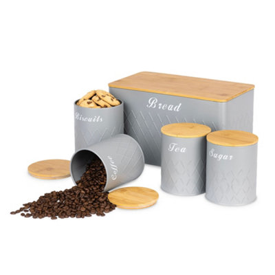 LIVIVO 5pc Kitchen Storage Set W/ Airtight Bamboo Lids - Includes Tea Coffee Sugar Biscuit Stylish Bread Bin Canister White~5056295305769 02c Mp - View #11
