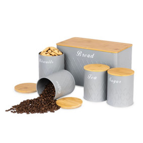 LIVIVO 5Pcs Kitchen Storage Set with Bamboo Lids - Tea, Coffee, Sugar, Biscuit & Bread Bin Tin Canister Set - Grey