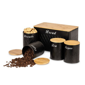 LIVIVO 5Pcs Kitchen Storage Set with Bamboo Lids - Tea, Coffee, Sugar, Biscuit & Bread Bin Tin Canister Set - Grey