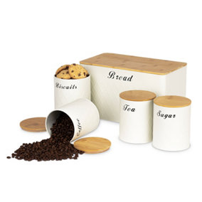 LIVIVO 5Pcs Taurus Kitchen Set - Includes Storage Lids Tins Canister Tea Coffee Sugar & Bread Bin - White