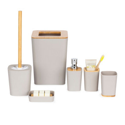 LIVIVO 6pc Bathroom Set w/ Bamboo Trim - Toothbrush & Toilet Brush Holder, Lotion Dispenser, Soap Dish & Trash Bin - Beige Price Comparisons | Compare The Build