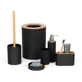 LIVIVO 6pc Bathroom Set w/ Bamboo Trim - Toothbrush & Toilet Brush Holder, Lotion Dispenser, Soap Dish & Trash Bin - Black