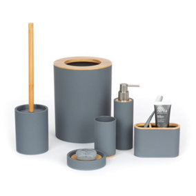 LIVIVO 6pc Bathroom Set w/ Bamboo Trim - Toothbrush & Toilet Brush Holder, Lotion Dispenser, Soap Dish & Trash Bin - Grey