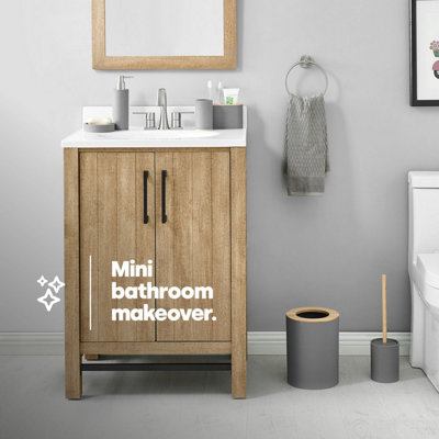 LIVIVO 6pc Bathroom Set w/ Bamboo Trim - Toothbrush & Toilet Brush Holder, Lotion Dispenser, Soap Dish & Trash Bin - Grey