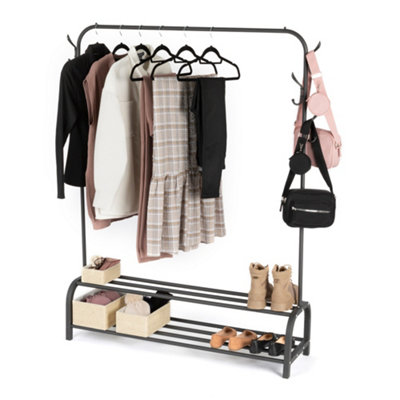 LIVIVO Clothes Storage Rail With Hooks & Shoe Rack - Black