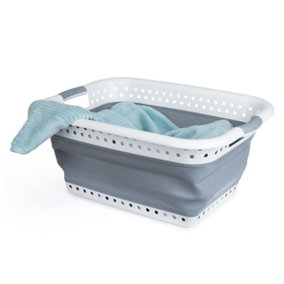LIVIVO Collapsible Laundry Storage Basket - Large Capacity, Space Saving, & Pop-Up Washing Organiser Bucket - Grey/37L