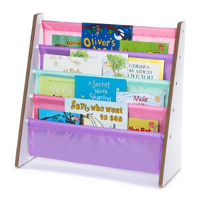 LIVIVO Colorful Children's Sling Bookcase with Fabric Shelves - Kids Wooden Storage Rack for Bedroom, Playroom & Daycare