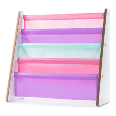 LIVIVO Colorful Children's Sling Bookcase with Fabric Shelves - Kids Wooden Storage Rack for Bedroom, Playroom & Daycare