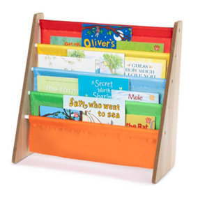 LIVIVO Colourful Children Sling Bookcase with Fabric Shelves - Kids Wooden Storage Rack for Bedroom, Playroom & Daycare