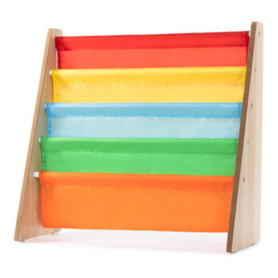 LIVIVO Colourful Children Sling Bookcase with Fabric Shelves - Kids Wooden Storage Rack for Bedroom, Playroom & Daycare