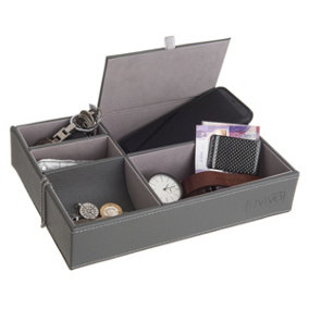 LIVIVO Deluxe 5 Compartment Valet Organiser Tray - Premium Quality Black Textured Leather Desktop Dresser - Home Storage Box