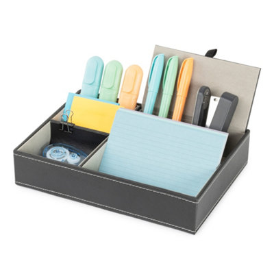 LIVIVO Deluxe 5-Compartment Valet Tray - Black Textured Leather Organiser