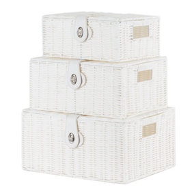 LIVIVO Deluxe Hamper Collection - Set of 3 Luxury Wicker Storage Baskets, Food & Wine Stackable Woven Storage Hamper Box - Whiite