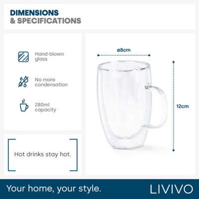Livivo Double Wall Coffee Mugs With Handle – 280ml Thermo Insulated Glasses, Set Of 2, Clear Glass