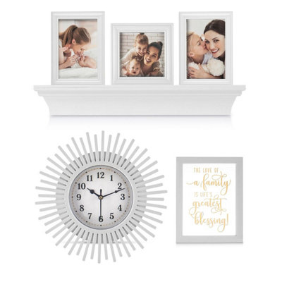 LIVIVO Family Picture Frame Set with a Clock & Shelf - Wooden Picture Frames for Wall & Tabletop, Display Gift for Friends