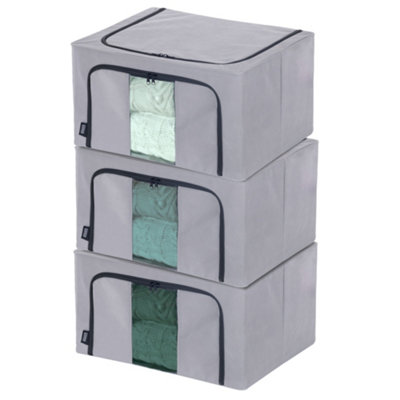 LIVIVO Foldable Fabric Clothes Storage Boxes with Zips Set of 3 Grey