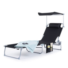 LIVIVO Folding Chair Sun Lounger with Adjustable Sunshade & Side Pockets, Black