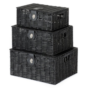 LIVIVO Hamper Storage Basket - Resin Woven Wicker Storage Box with Lid & Lock, Easily Stackable for Home & Office - Set of 3/Black