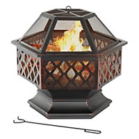 LIVIVO Hexagonal Fire Pit - Outdoor Oil Rubbed Bronze Fire Pit With BBQ Grill, Metal Poker Iron, Mesh Ember and Spark Guarder
