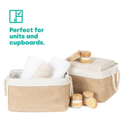 LIVIVO Large Foldable Canvas Storage Baskets, Set of 2 Luxury Fabric Storage Boxes w/ Cotton Rope Handles for your Home  - NATURAL