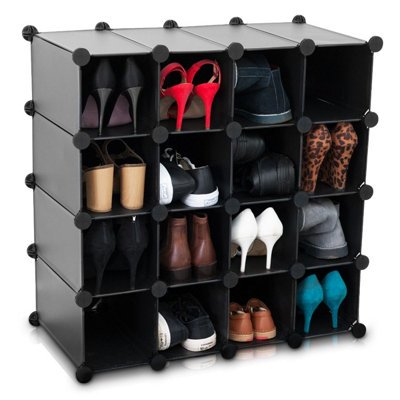 LIVIVO Multi-Purpose 16-Section Interlocking Cube Shoe Rack Organiser with Back Panels - Black