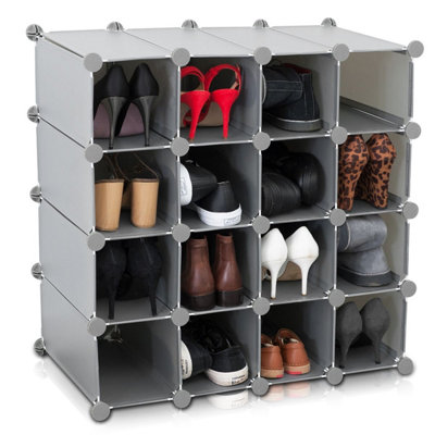 LIVIVO Multi-Purpose 16-Section Interlocking Cube Shoe Rack Organiser with Back Panels - Grey