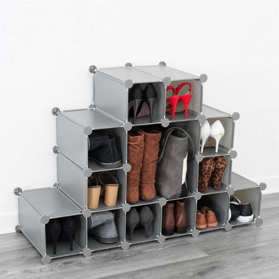 LIVIVO Multi-Purpose 16-Section Interlocking Cube Shoe Rack Organiser ...