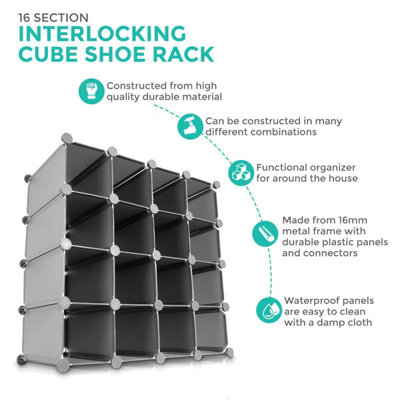 LIVIVO Multi-Purpose 16-Section Interlocking Cube Shoe Rack Organiser with Back Panels - Holder with Space for 16 Pairs of Shoes