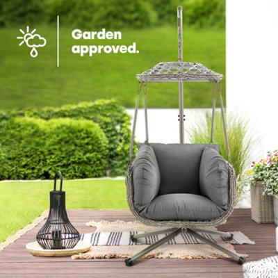 LIVIVO Rattan Swing Hammock Chair with Stand Cushion and Retractable Canopy Indoor Outdoor Garden Patio