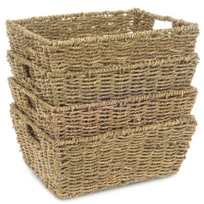 LIVIVO Seagrass Storage Baskets - Set of 4 Hand-Woven Display Hampers, Natural Rattan Wicker Baskets w/Handles for Home & Office