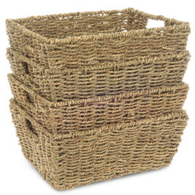 LIVIVO Seagrass Storage Baskets - Set of 4 Hand-Woven Display Hampers, Natural Rattan Wicker Baskets w/Handles for Home & Office