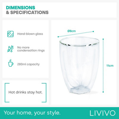 LIVIVO Set of 2 Double Walled Coffee Insulated Thermal Glasses - Heat Resistant, Dishwasher Safe Espresso Tea & Latte Drinking Mug