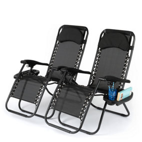 LIVIVO Set of 2 Folding Zero Gravity Chairs with Cup Holders - Adjustable Reclining Sun Lounger for Patio Garden Camping - Black
