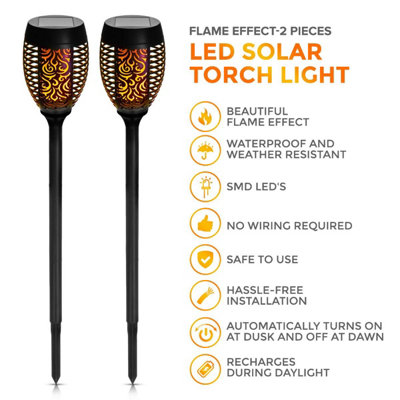 LIVIVO Set of 2 Solar Torch LED Outdoor Lights - Waterproof Decoration Lamp, Flickering Flames Torches Bollard Lights - 74 cm