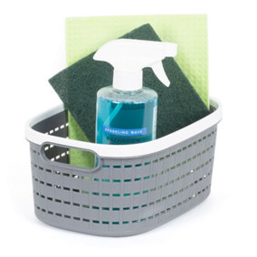 LIVIVO Set of 3 Bathroom Storage Basket, Tidy Organiser, Plastic Carry Handles, Easy to Store & Stackable - 5L/Grey