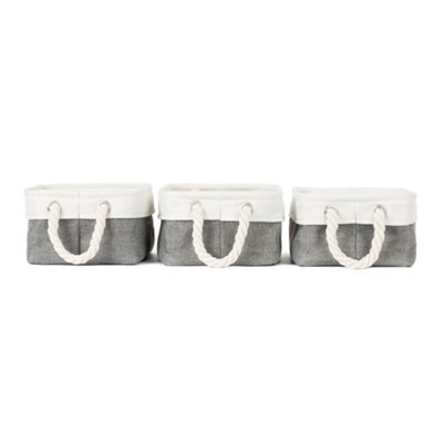 LIVIVO Set of 3 Foldable Canvas Storage Baskets with Cotton Rope Handles - Storage Organiser for Toys, Clothes & Bathroom - GREY