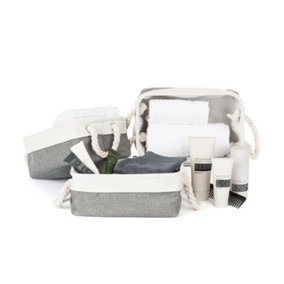 LIVIVO Set of 3 Foldable Canvas Storage Baskets with Cotton Rope Handles - Storage Organiser for Toys, Clothes & Bathroom - GREY