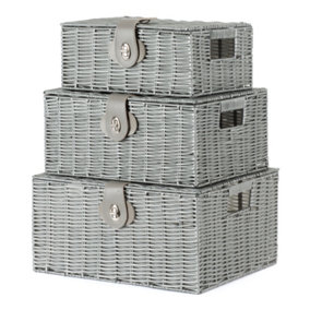 LIVIVO Set of 3 Storage Baskets Resin Wicker Woven Hamper Box Lid & Lock Stackable UK