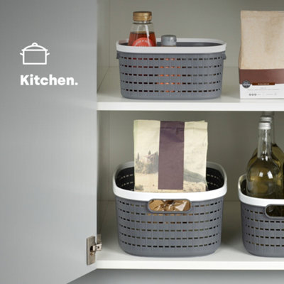 LIVIVO Storage Basket - Tidy Organiser, Plastic Carry Handles, Easy Storage & Stackable - 14L/Grey