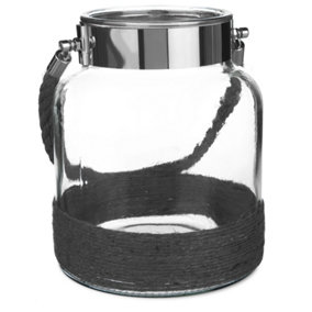LIVIVO Stunning Vintage Glass Candle Lantern Light Jar with Weaving Jute Rope - Perfect Home & Garden Decoration - Dark Grey