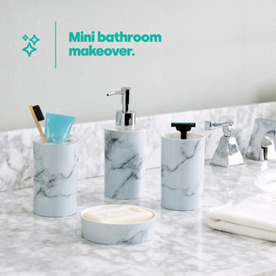 Cork & Mill Marble Bathroom Accessories Set, Complete 3 Piece Set With Soap Dispenser, Toothbrush Holder & Canister With Lid For Qtips, White Marble Bath Countertop Vanity Decor Organizer Retails For $47.99