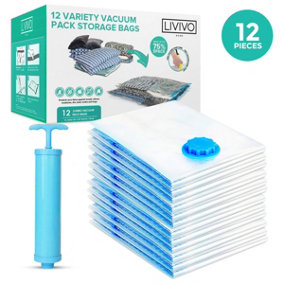 LIVIVO Vacuum Compressed Storage Bags - Reusable Space Saver Bags with Pump, Mould Moisture and Bug Proof - (Pack of 12)