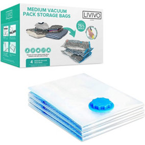 LIVIVO Vacuum Storage Bags - Reusable & Compressed Medium Bags with a Portable Hand-Pump for Travel / 50 x 70 cm