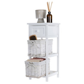 LIVIVO Wooden Bedside Cabinet with 1 Drawer & 2 White Wicker Storage Baskets - 67x28x31cm