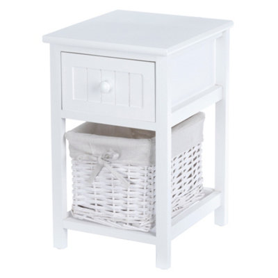 LIVIVO Wooden Bedside Cabinets - 1 Drawer & 1 White Wicker Storage Baskets (Set of 2) - 44.5x28x31