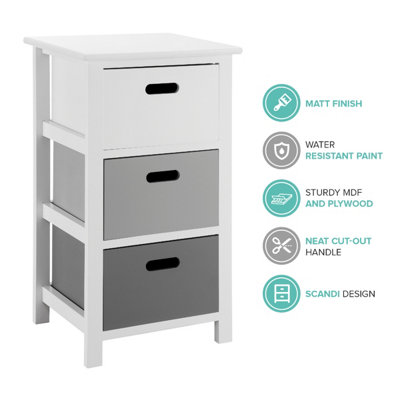 LIVIVO Wooden Storage Cabinet Unit with 3 Drawers - Bedside Shelf Organiser for Living Room, Bathroom & Bedroom - White/Grey