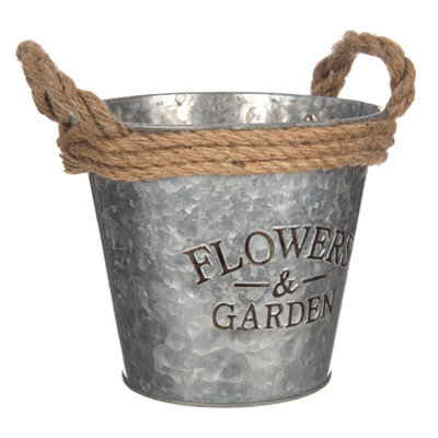 LIVIVO Zinc Plant Pot with Cotton Rope Handles - 'Flowers & Garden' Design for Outdoor or Indoor, Flower Herb & Pot (Set of 3)