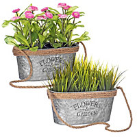 LIVIVO Zinc Plant Pot with Cotton Rope Handles - 'Flowers & Garden' Design for Outdoor or Indoor, Flower Herb & Pot