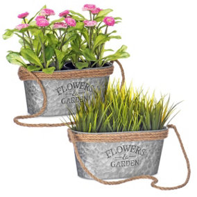 LIVIVO Zinc Plant Pot with Cotton Rope Handles - 'Flowers & Garden' Design for Outdoor or Indoor, Flower Herb & Pot